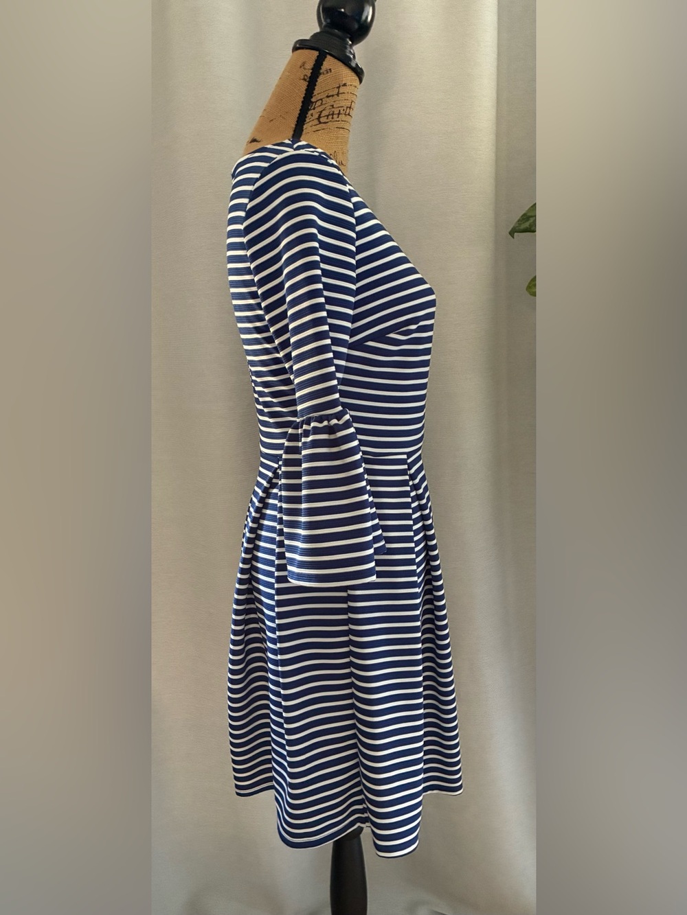 Altar'd State Navy and White Striped Fit-and-Flare Dress with Bell Sleeves - Picture 2 of 6